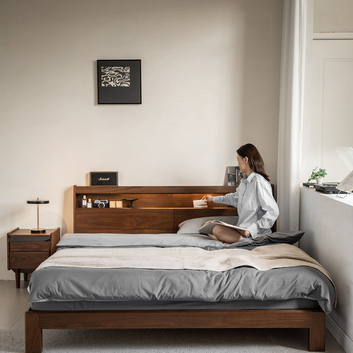 Vintage walnut wood bed accompany light environmental situation.