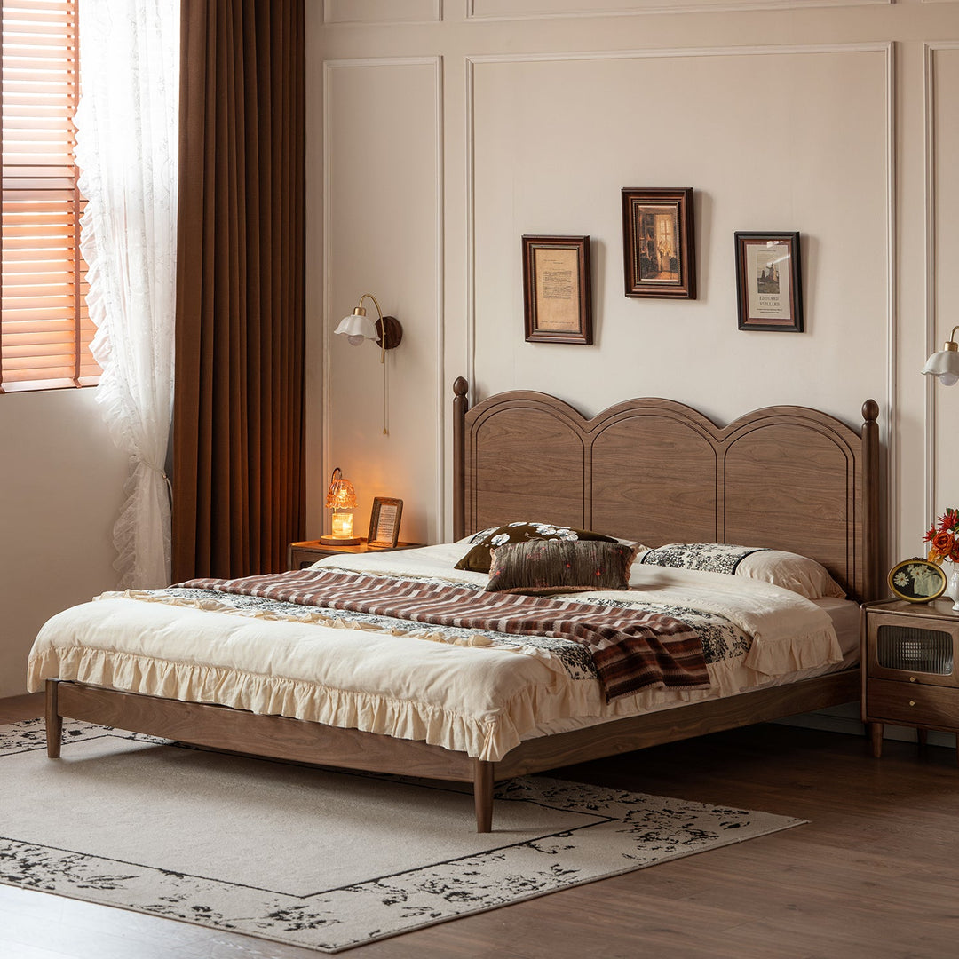 Vintage walnut wood bed midsummer in details.