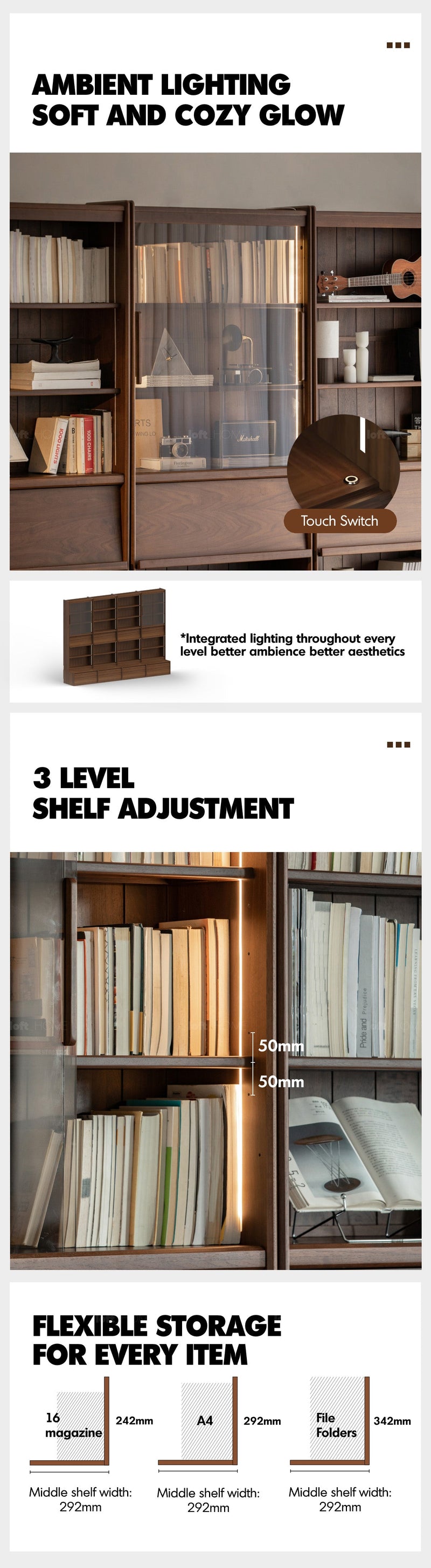 Japandi Walnut Wood Bookshelf VISTA More Details and Instruction_11