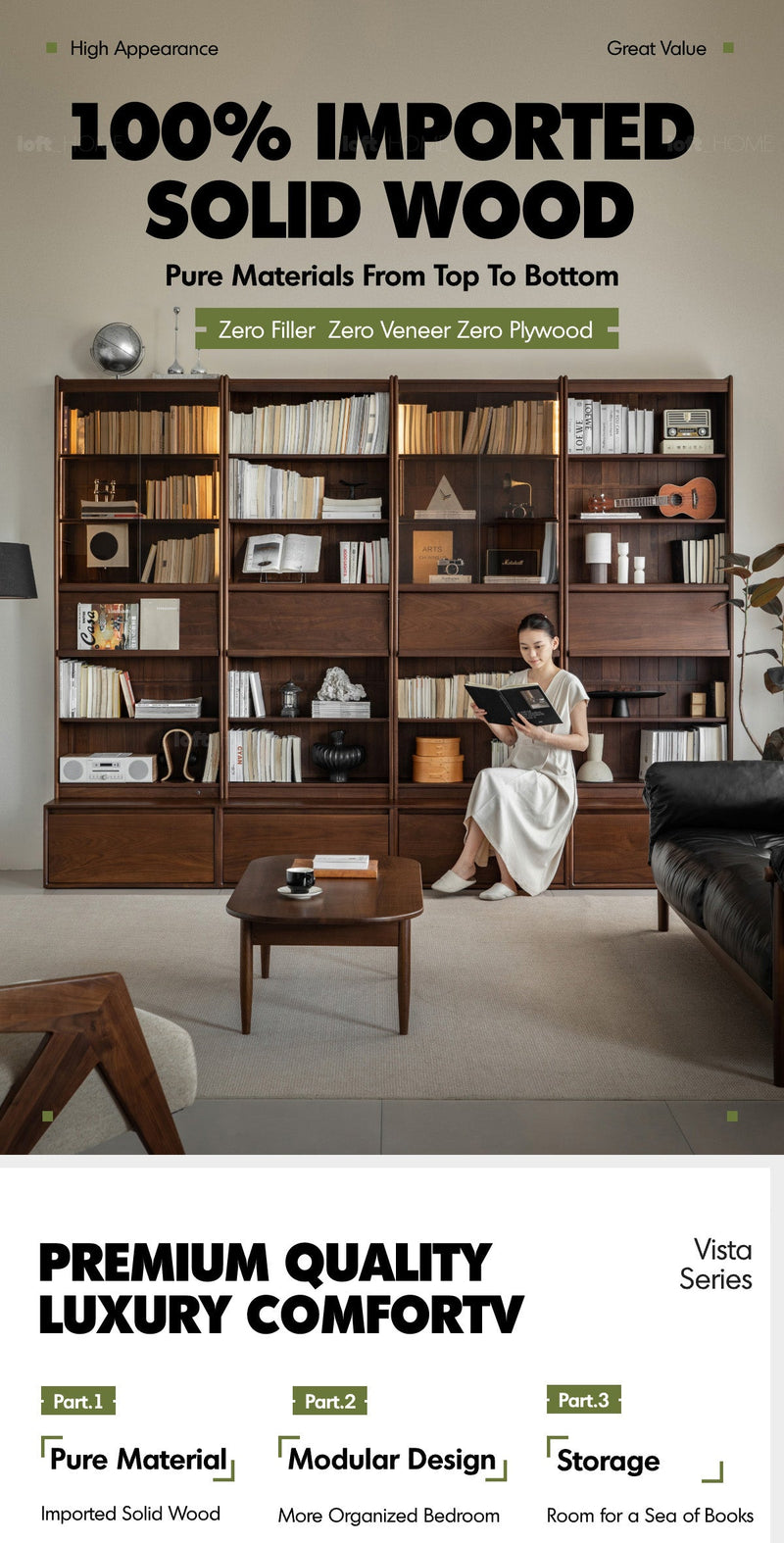 Japandi Walnut Wood Bookshelf VISTA More Details and Instruction