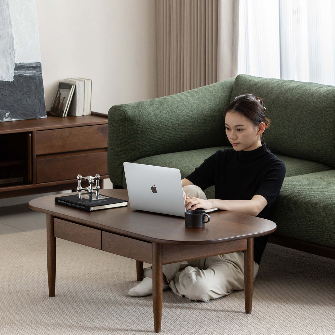 Vintage walnut wood coffee table vista in panoramic view.