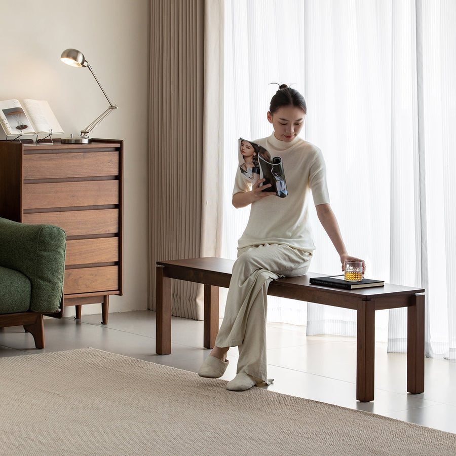 Vintage walnut wood dining bench coastal primary product view.