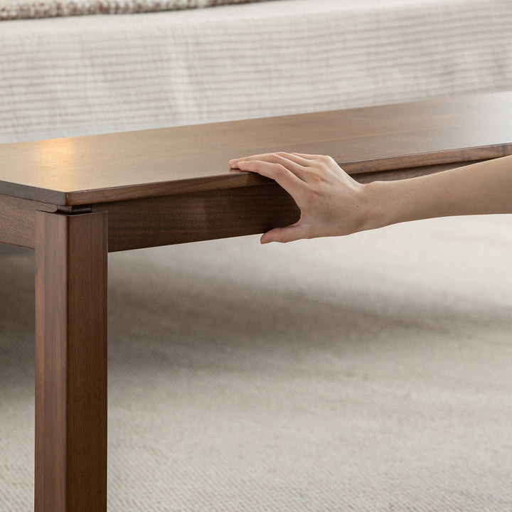 Vintage walnut wood dining bench coastal in still life.