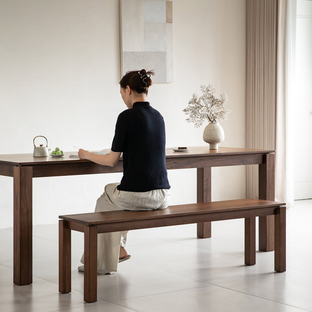 Vintage walnut wood dining bench coastal in real life style.