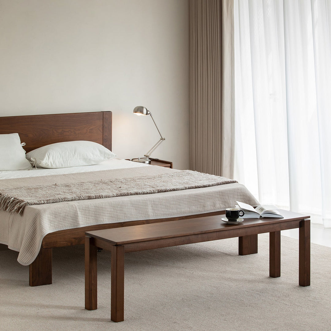 Vintage walnut wood dining bench coastal in details.