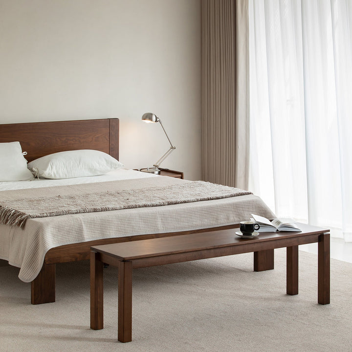 Vintage walnut wood dining bench coastal in details.