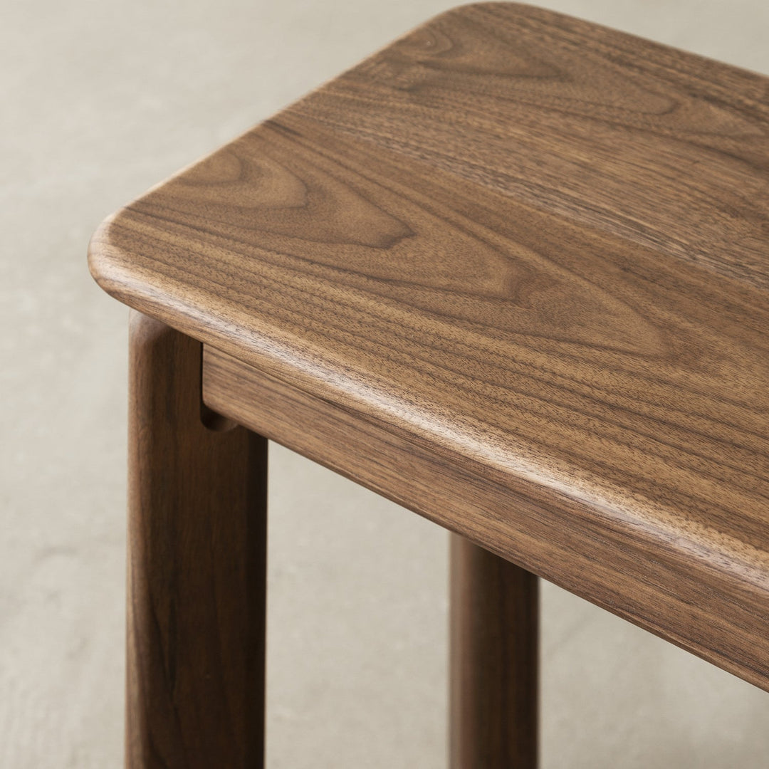 Vintage walnut wood dining bench riverin with context.