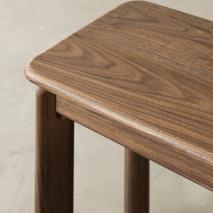 Vintage walnut wood dining bench riverin with context.