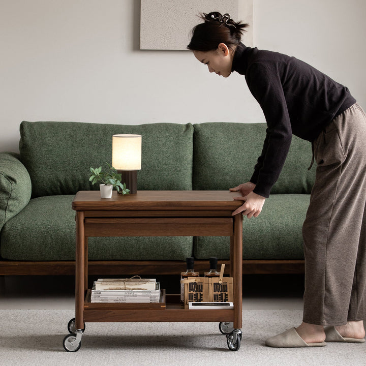 Vintage walnut wood extendable coffee table vorin in close up details.