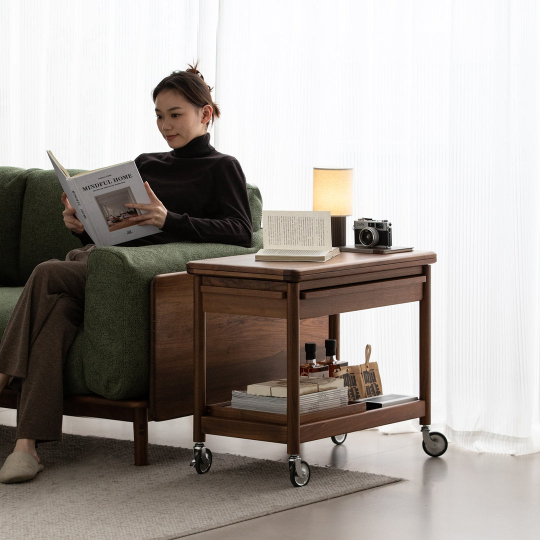 Vintage walnut wood extendable coffee table vorin in panoramic view.