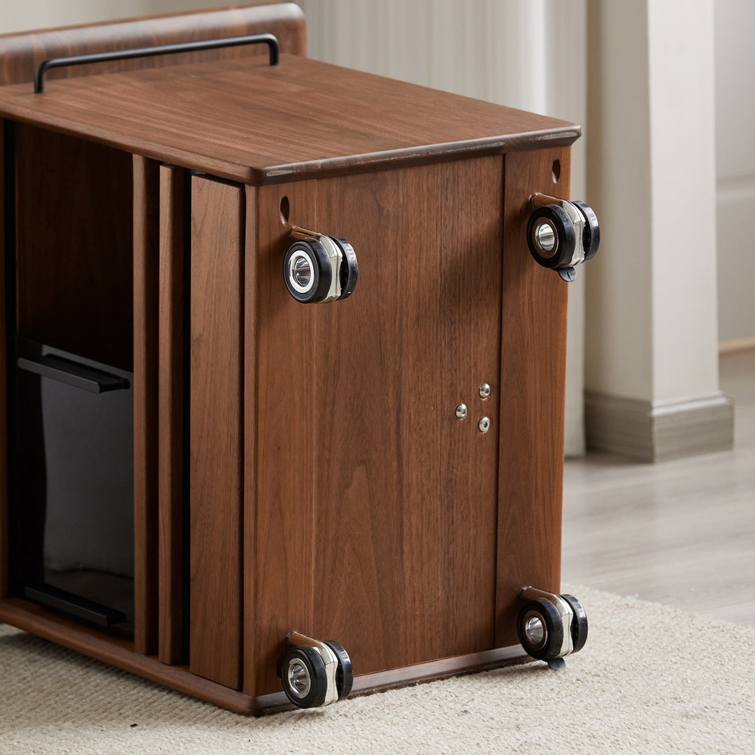 Vintage walnut wood extendable height adjustable coffee table mirror lake in panoramic view.