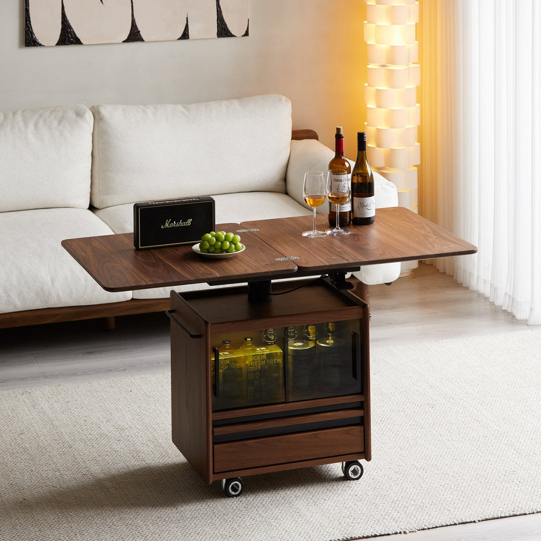 Vintage walnut wood extendable height adjustable coffee table mirror lake in real life style.