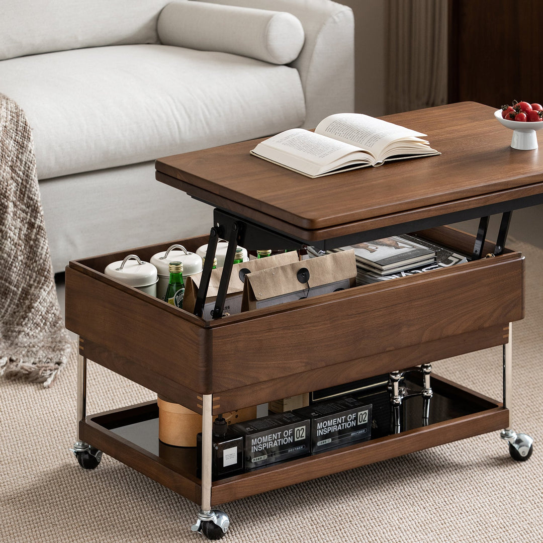 Vintage walnut wood lift-up coffee table seren color swatches.