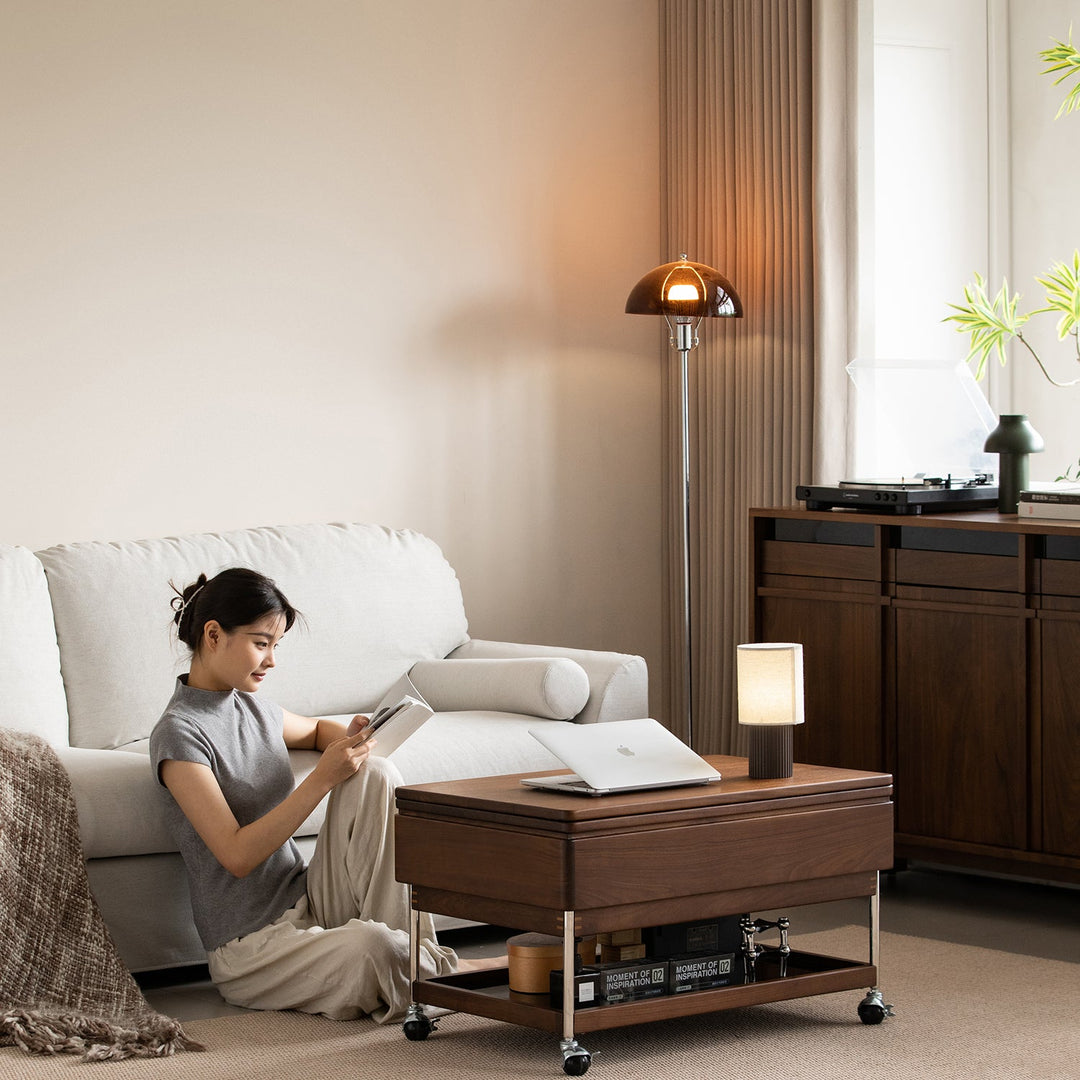 Vintage walnut wood lift-up coffee table seren with context.
