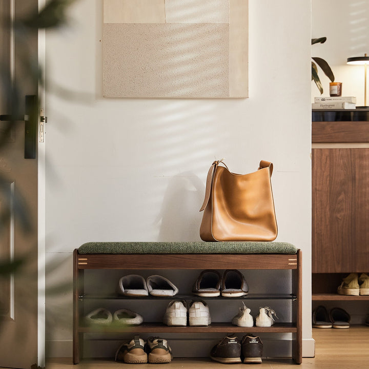 Vintage walnut wood shoe changing bench dawn primary product view.