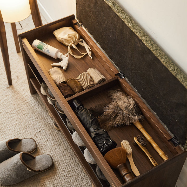 Vintage walnut wood shoe changing bench dawn color swatches.