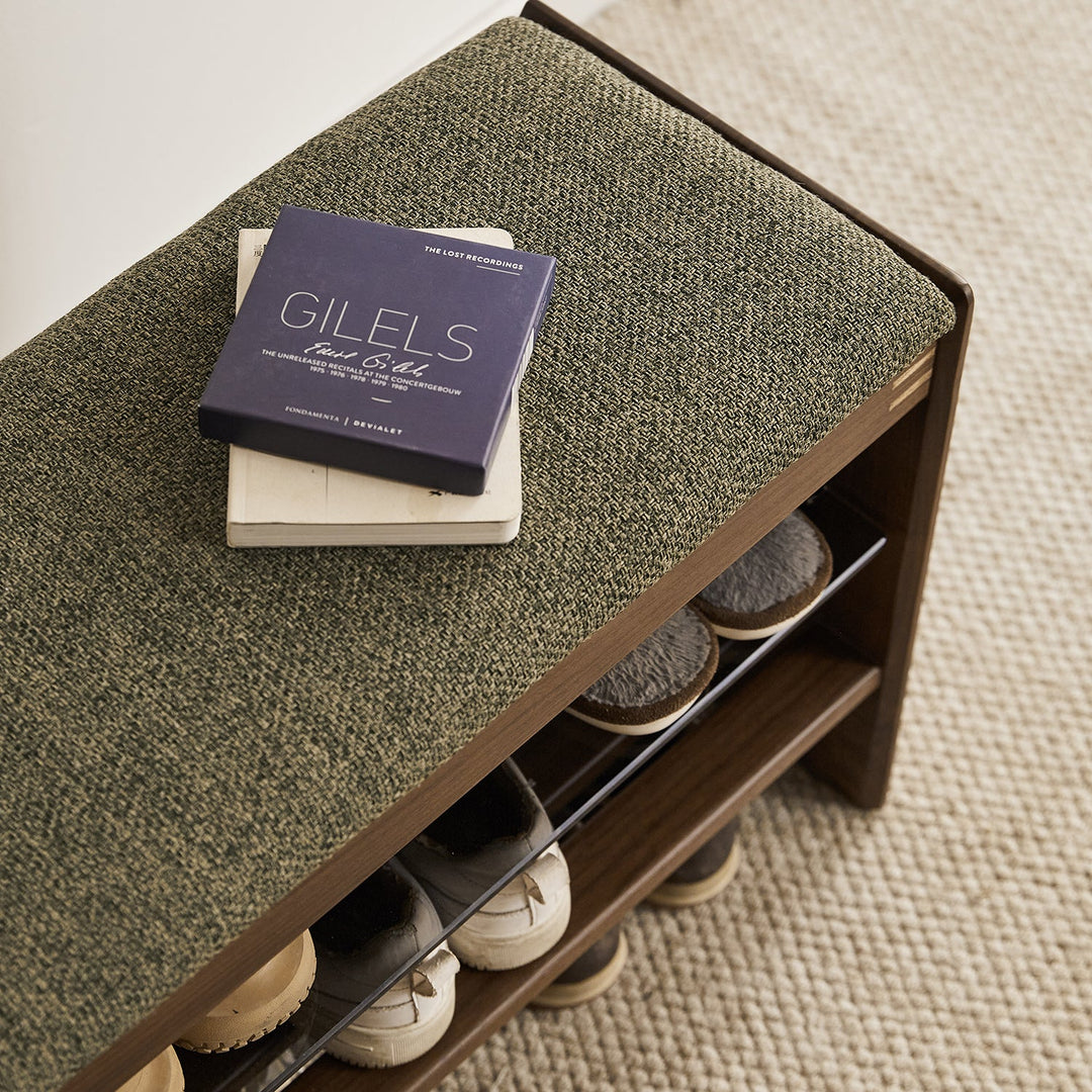 Vintage walnut wood shoe changing bench dawn material variants.