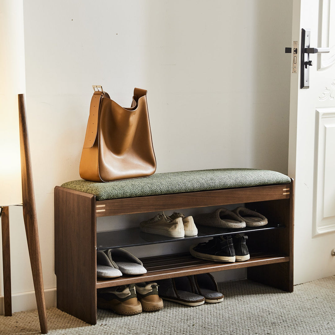 Vintage walnut wood shoe changing bench dawn in real life style.