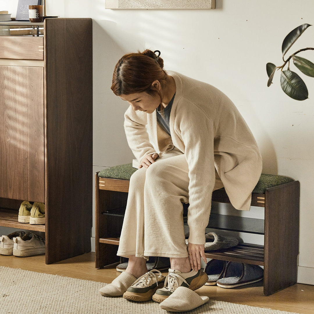 Vintage walnut wood shoe changing bench dawn with context.