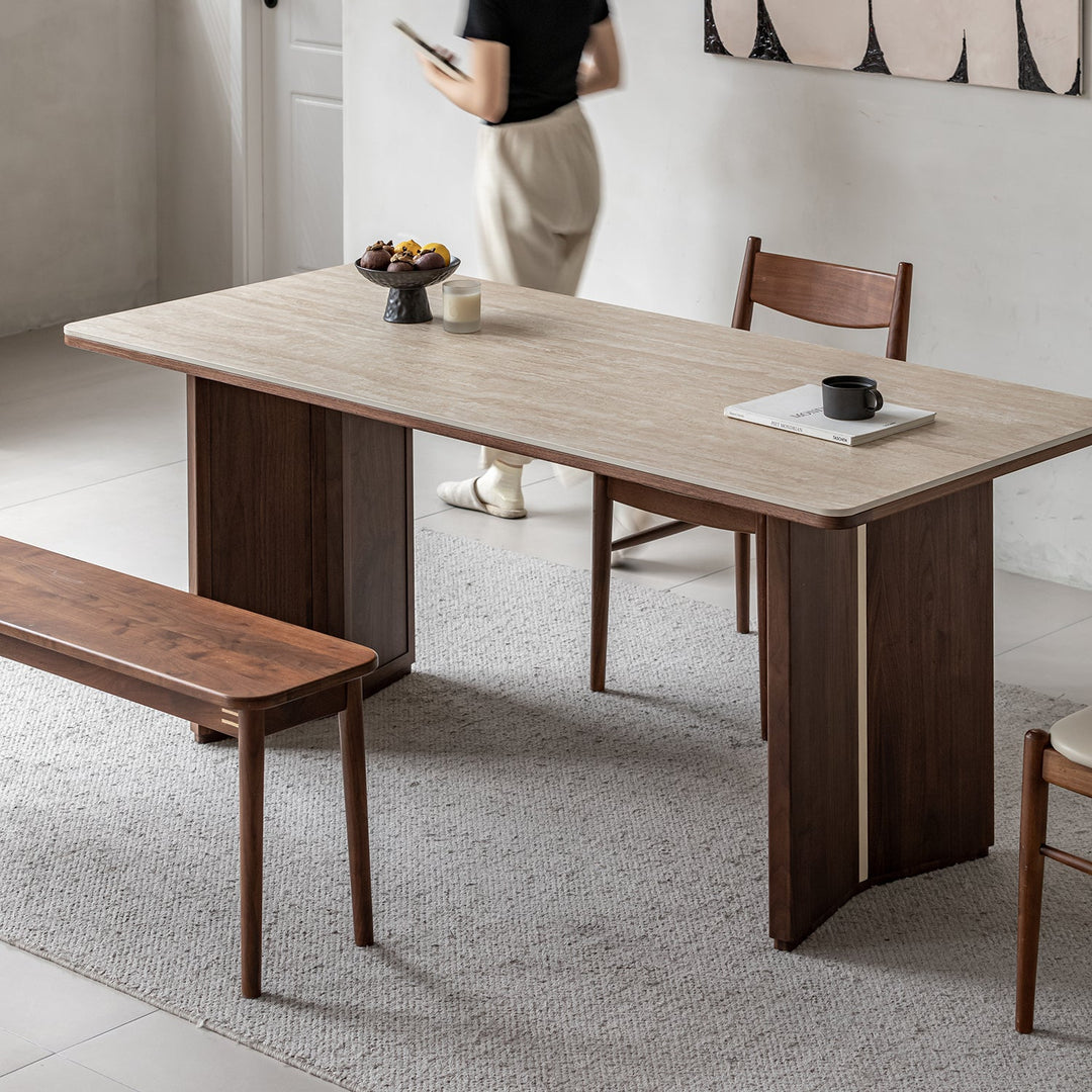 Vintage walnut wood sintered stone dining table straton in real life style.