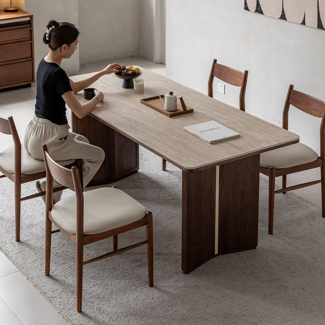 Vintage walnut wood sintered stone dining table straton with context.