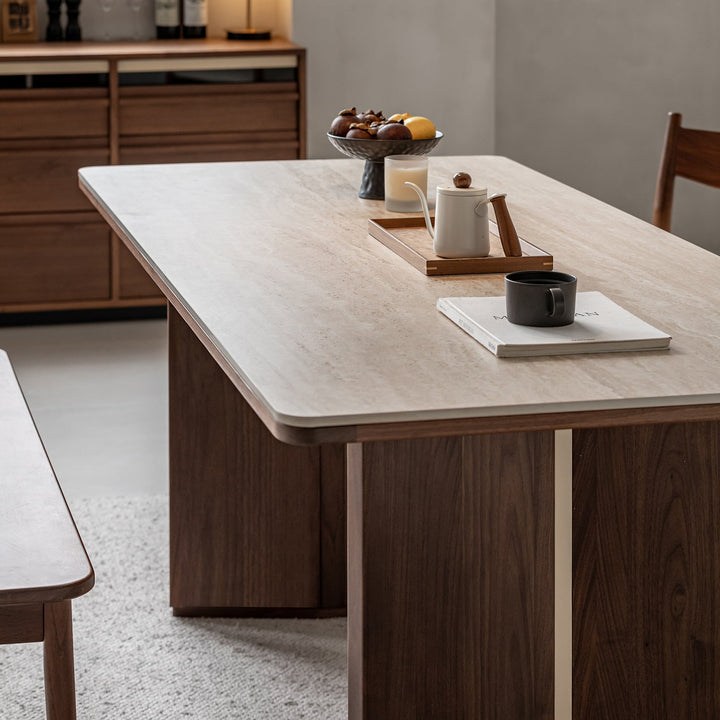Vintage walnut wood sintered stone dining table straton in details.