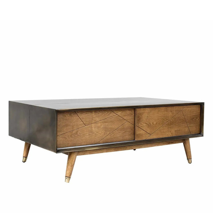 Vintage wooden coffee table vintage brass in still life.
