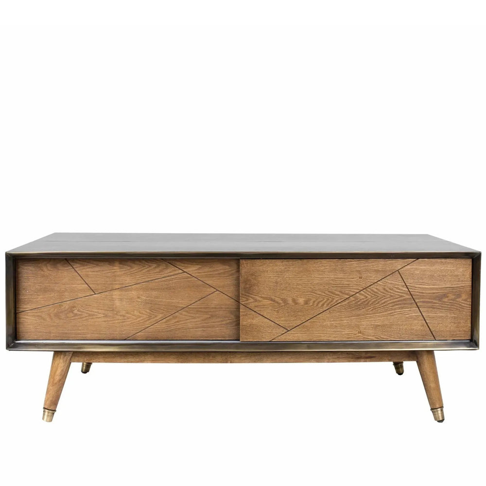 Vintage wooden coffee table vintage brass in white background.