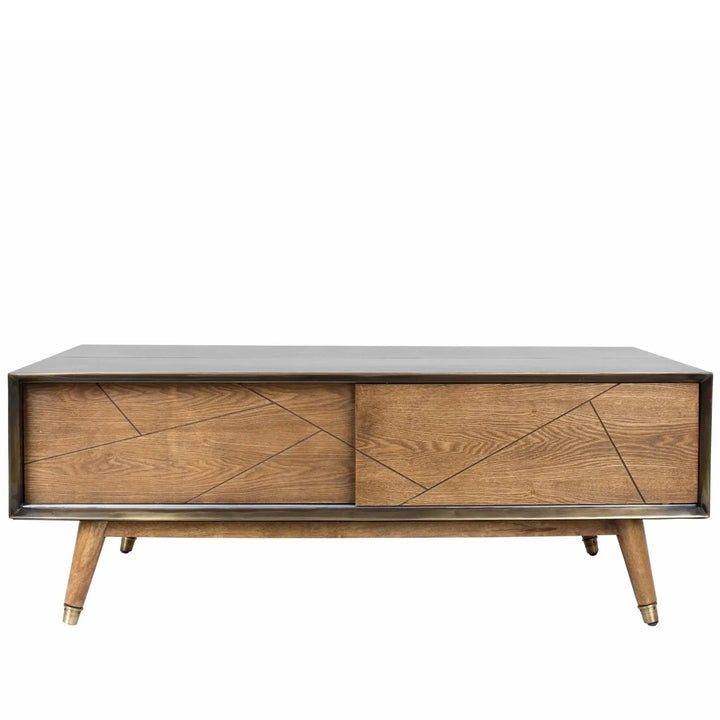 Vintage wooden coffee table vintage brass in white background.