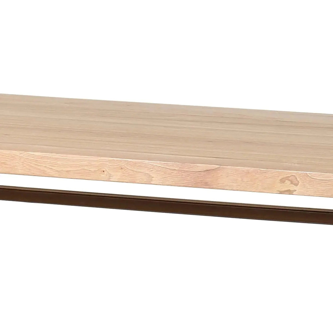 Industrial wooden dining table breezy in panoramic view.