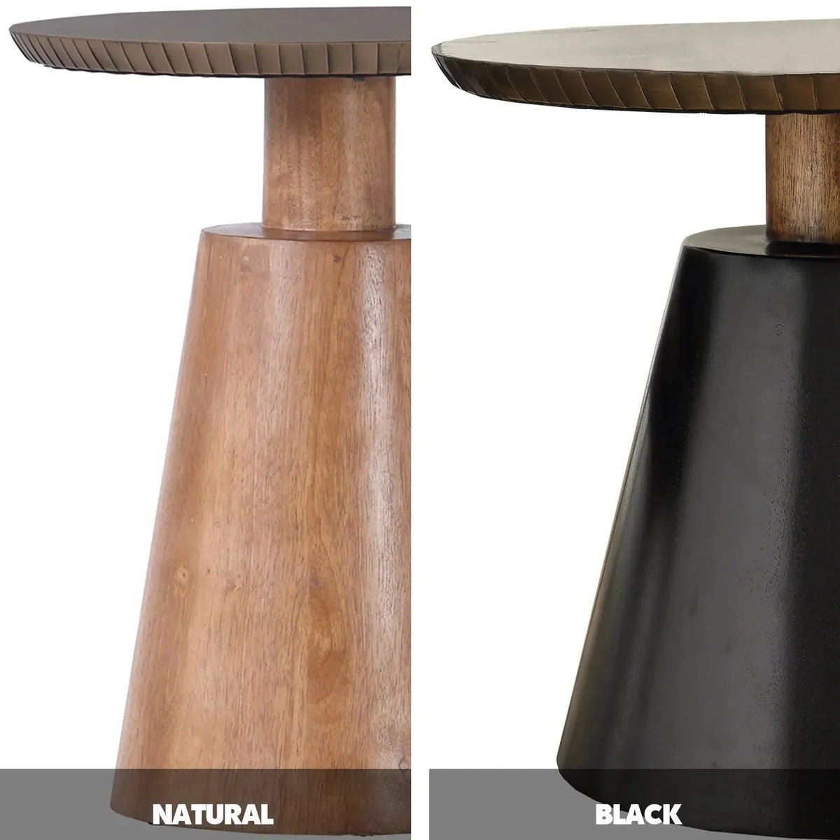 Vintage wooden round side table vintage brass color swatches.