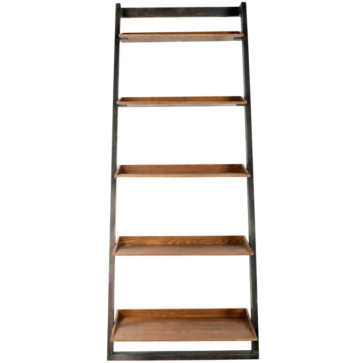 Industrial wooden display shelf greyash in white background.