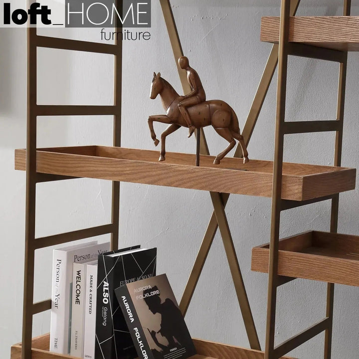 Industrial wooden display shelf lawn in still life.
