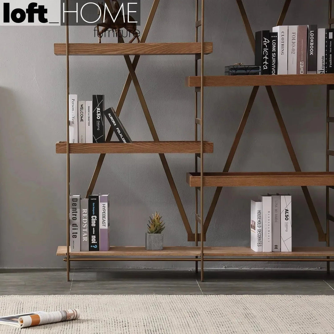 Industrial wooden display shelf lawn material variants.