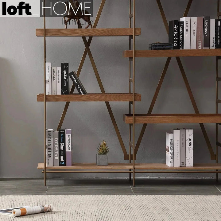 Industrial wooden display shelf lawn material variants.