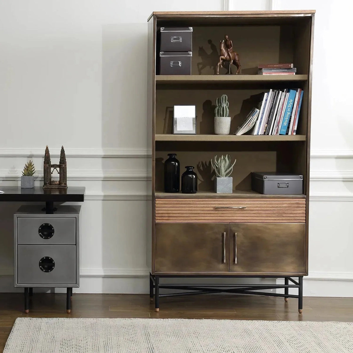 Vintage wooden bookshelf vintage brass primary product view.