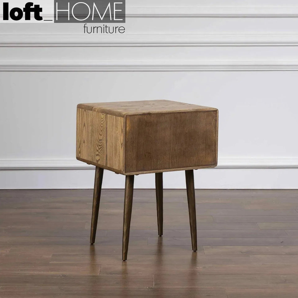 Vintage wooden side table hammer brass in real life style.