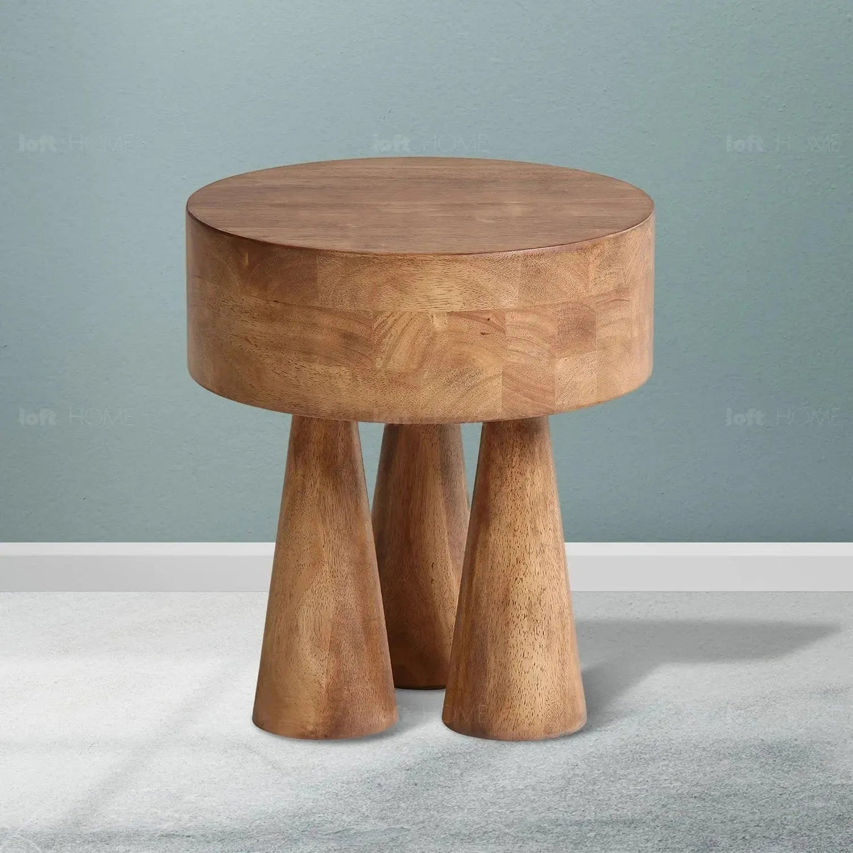 Rustic wooden side table stumpy color swatches.