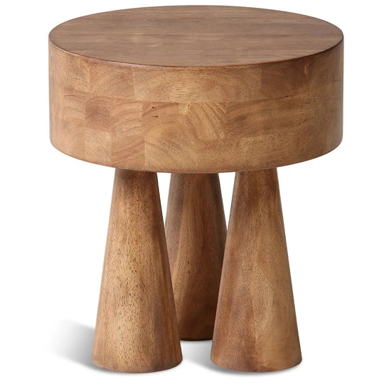 Rustic wooden side table stumpy in white background.