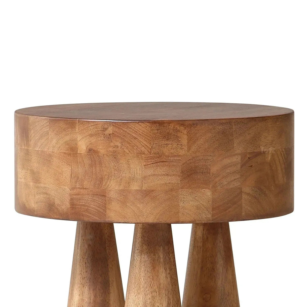 Rustic wooden side table stumpy with context.