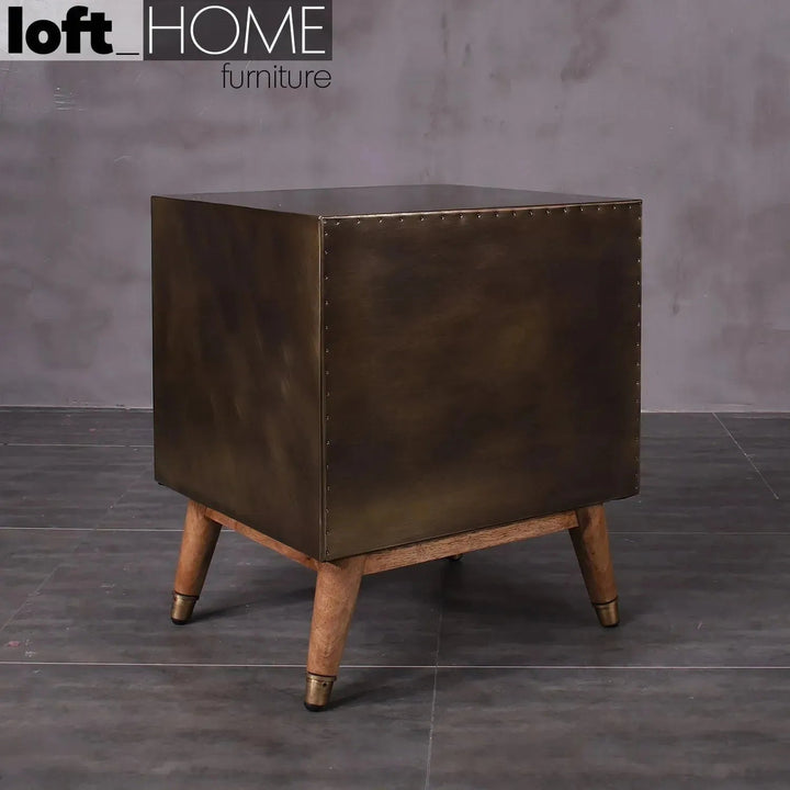 Vintage wooden side table vintage brass in panoramic view.