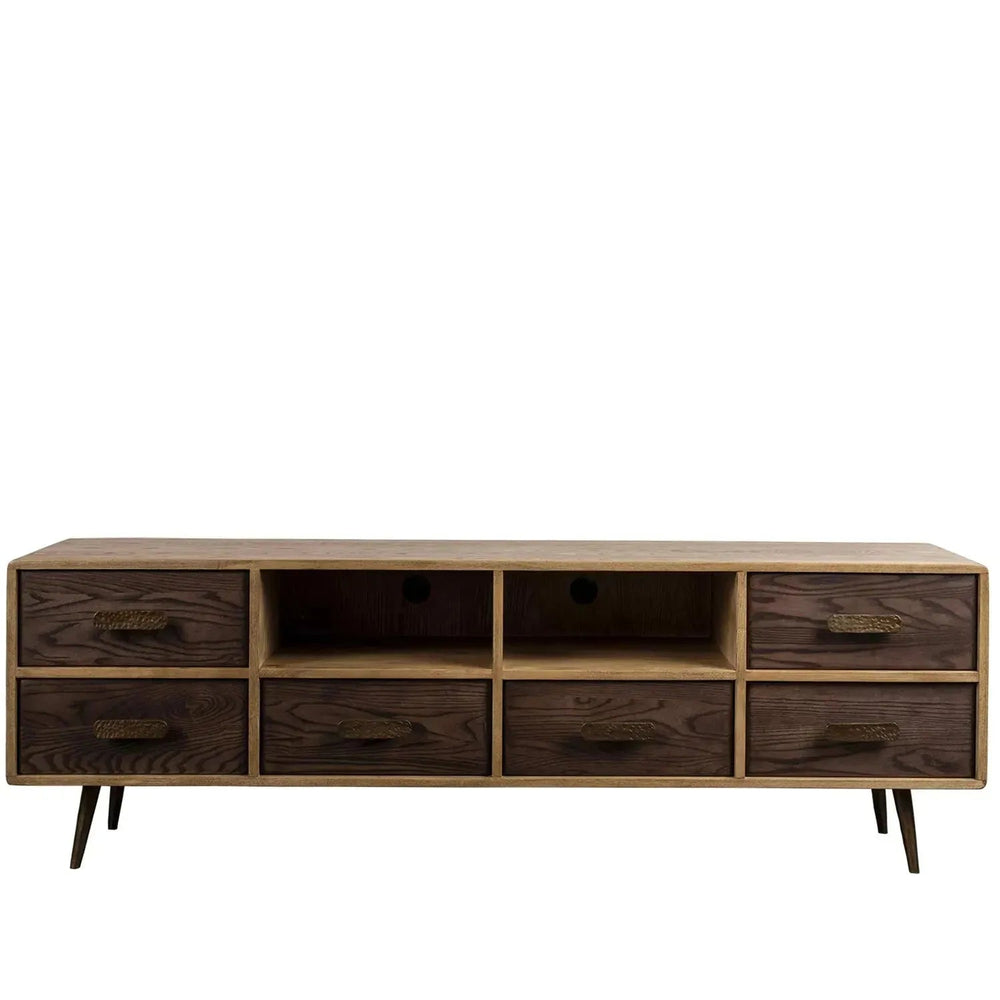Vintage wooden tv console hammer brass in white background.
