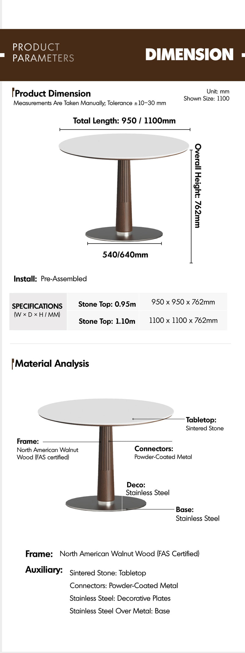 Japandi Walnut Wood Sintered Stone Round Dining Table GREY More Details and Instruction_7